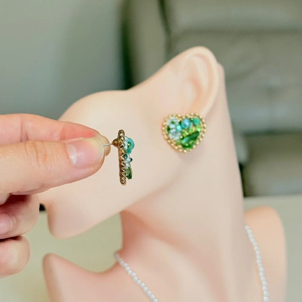 Gold-Trim Green Heart Cluster Stud Earrings